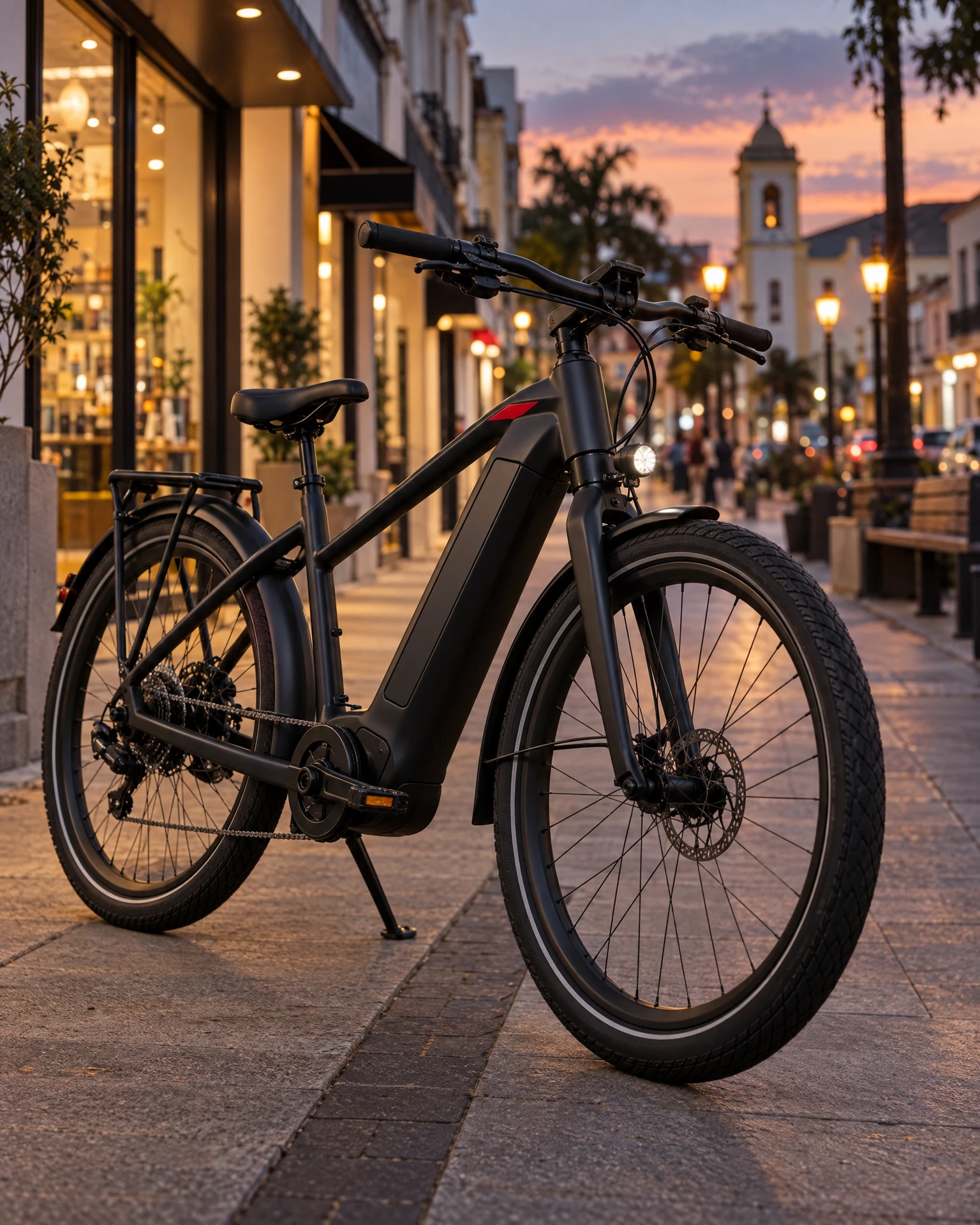 Bicicleta elétrica urbana preta estacionada numa calçada ao entardecer