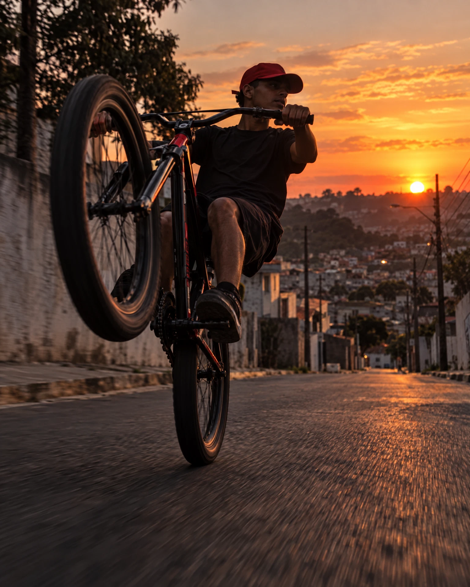 Jovem empinando uma bike aro 26 numa rua vazia ao pôr do sol