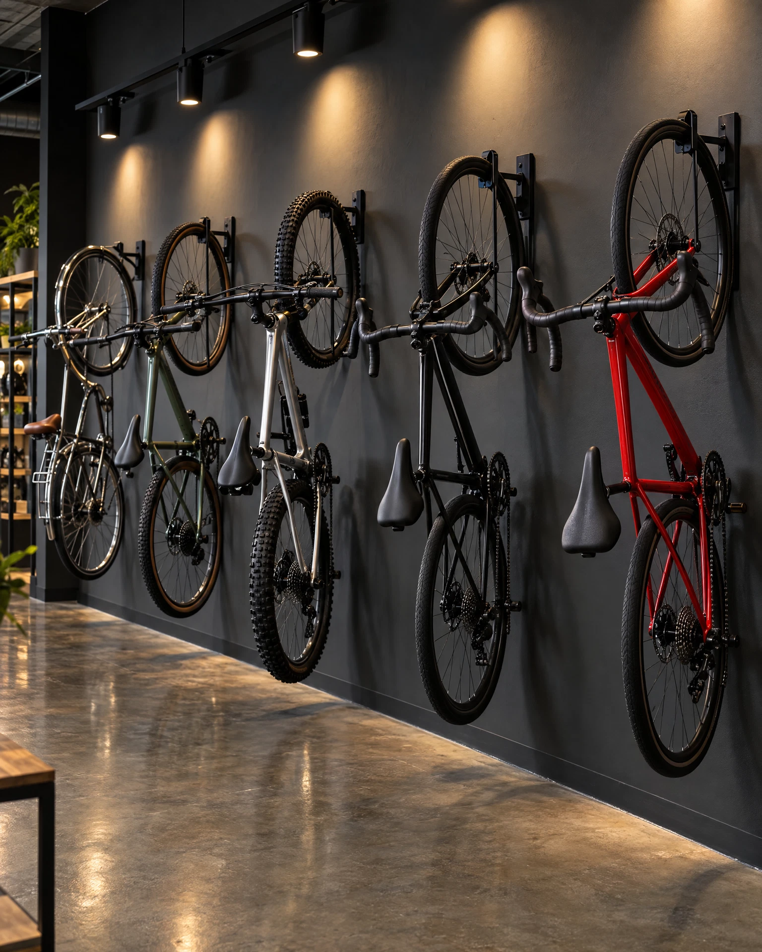 Fileira de bicicletas usadas penduradas em rack de parede numa loja