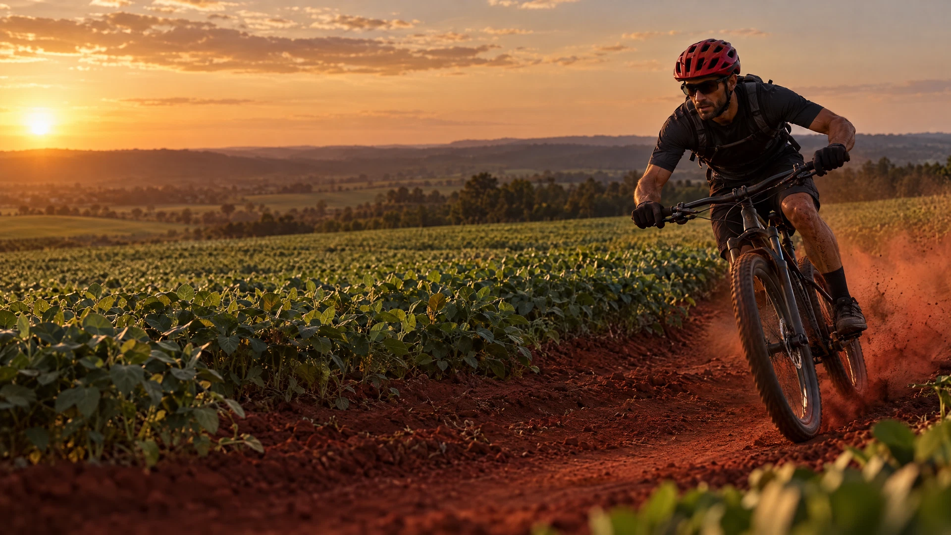Ciclista de mountain bike descendo uma estrada de terra vermelha entre lavouras ao entardecer